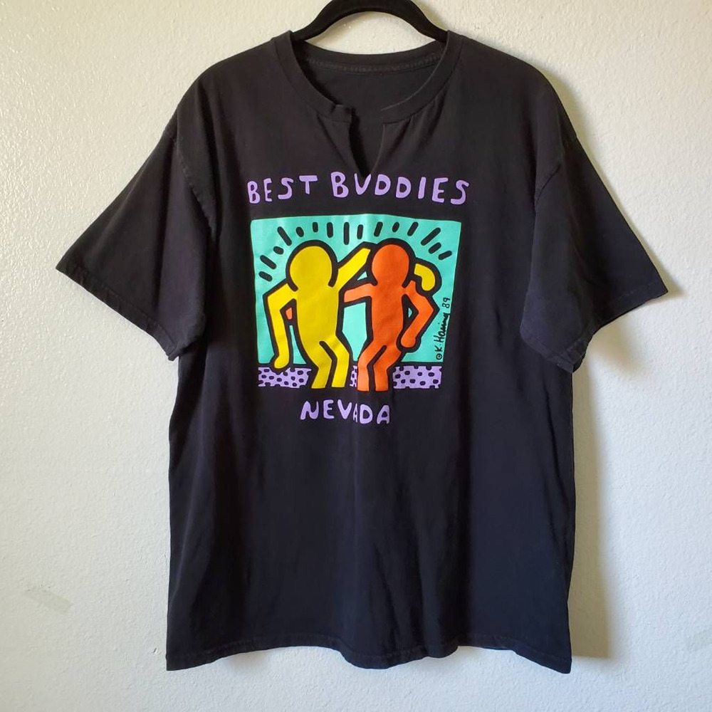 Womens L T-Shirt Best Buddies Nevada Black Short Sleeve Notch Neck Teacher Top